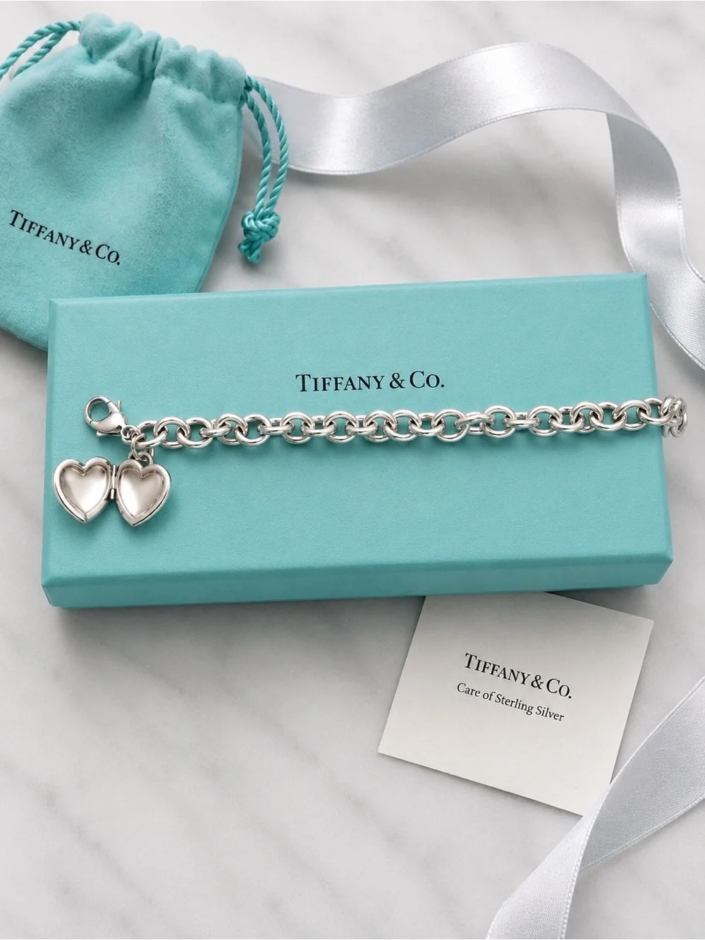 Tiffany & Co. Vintage Heart Locket Charm Bracelet Sterling Silver 7.75” 25g